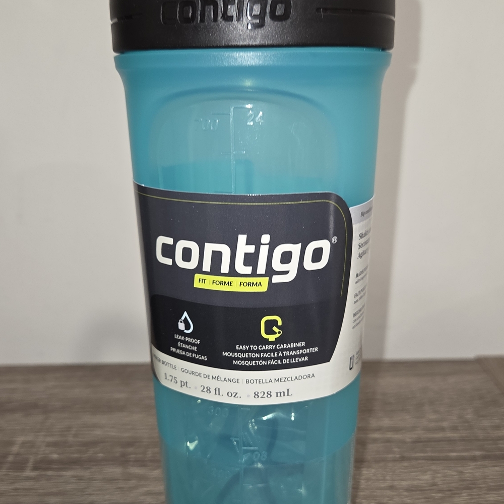 Contigo Teal Shake & Go Fit Mixer Bottle 28 Fl oz. (828ml) Carabiner Handle New. - Picture 9 of 11